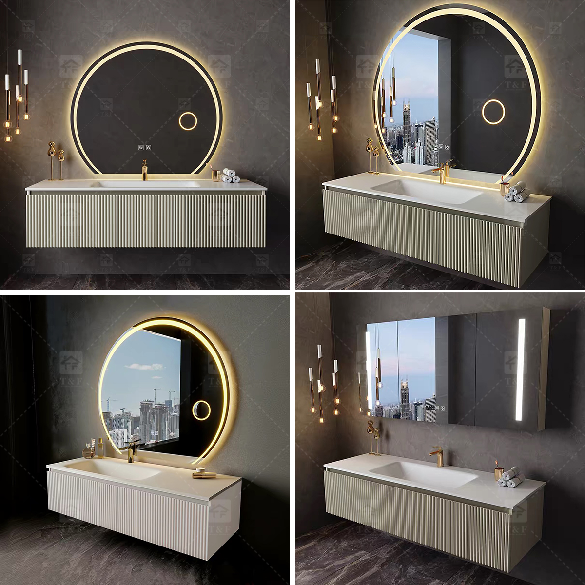 Modern Wall-Mounted Floating Bathroom Vanity with 3D Fluted Cabinet Front, Integrated Basin Sink and LED Half Moon Mirror