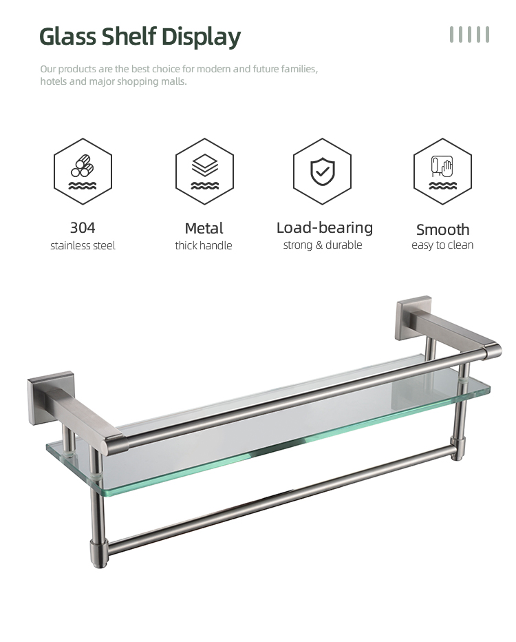 Bathroom Stainless Steel Wall Mounted Bathroom Shelf with Towel bar Glass Shelf