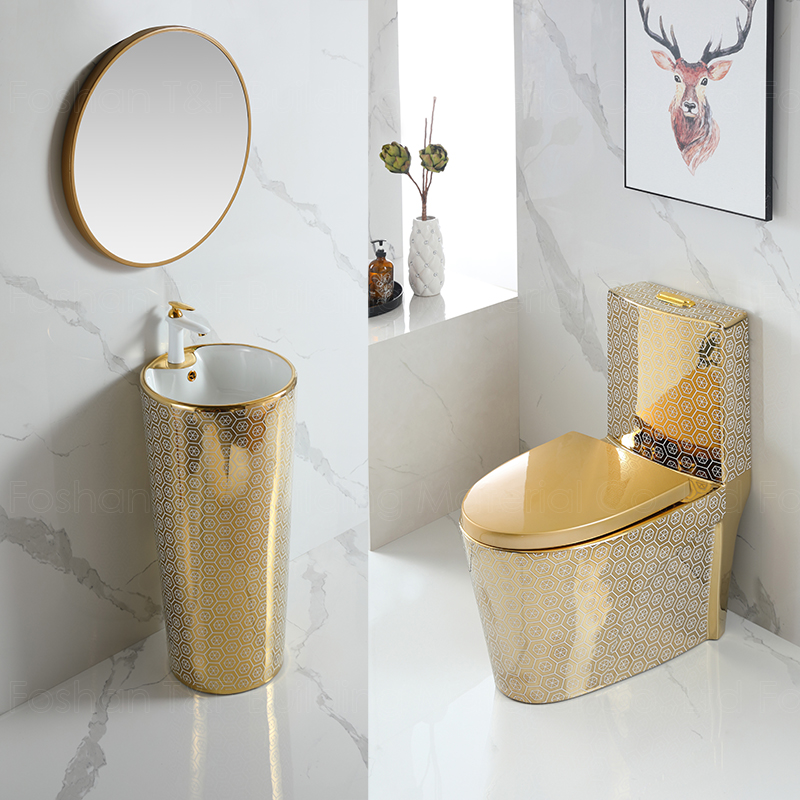Luxury One Piece Bathroom Equipment Ceramic Toilets Sets and Basin Gold Toilet Bowl