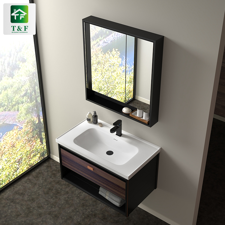 Hotel Custom Made Floating Washroom Basin Cabinet Luxury Style Aluminium Corner Wall Wood Grain Bathroom Vanity