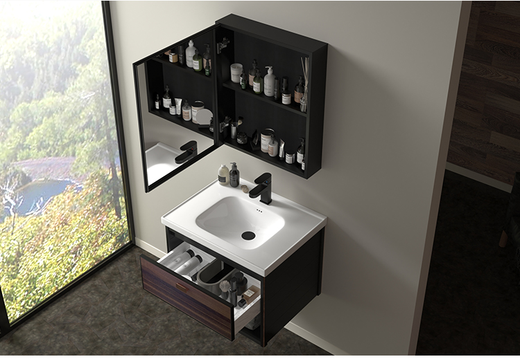 Hotel Custom Made Floating Washroom Basin Cabinet Luxury Style Aluminium Corner Wall Wood Grain Bathroom Vanity