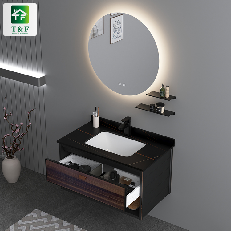Luxury Design Dark Color Washroom Toilet Sink Cabinet Modern Wood Grain Waterproof Storage Bathroom Basin Cabinet