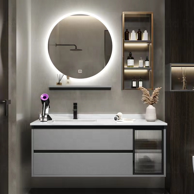 Luxury Design Dark Color Washroom Toilet Sink Cabinet Modern Wood Grain Waterproof Storage Bathroom Basin Cabinet