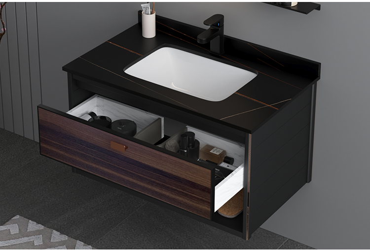 Luxury Design Dark Color Washroom Toilet Sink Cabinet Modern Wood Grain Waterproof Storage Bathroom Basin Cabinet