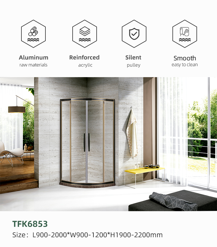 New Design Bathroom Arc Glass Door Shower Black with Gold Stainless Steel Frame Showers Room