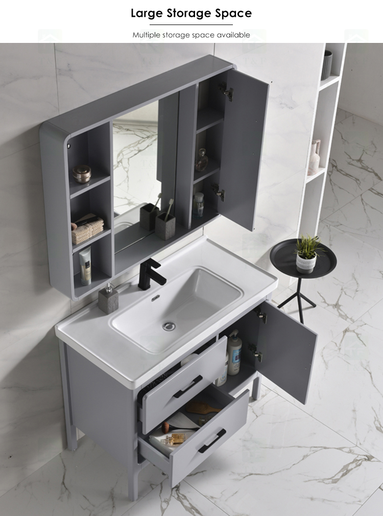 Light Luxury European Style Floor Mounted Free Standing Solid Wood Waterproof Bathroom Vanity Cabinet Set