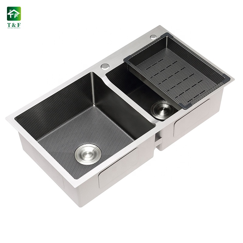 Black Stainless Steel Drain Board Single Double Bowl Square Crystal Surface Undermount Handmade Kitchen Sink
