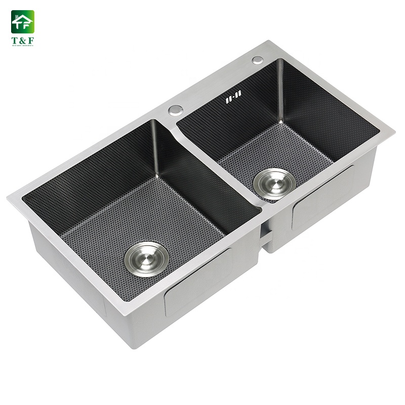Black Stainless Steel Drain Board Single Double Bowl Square Crystal Surface Undermount Handmade Kitchen Sink