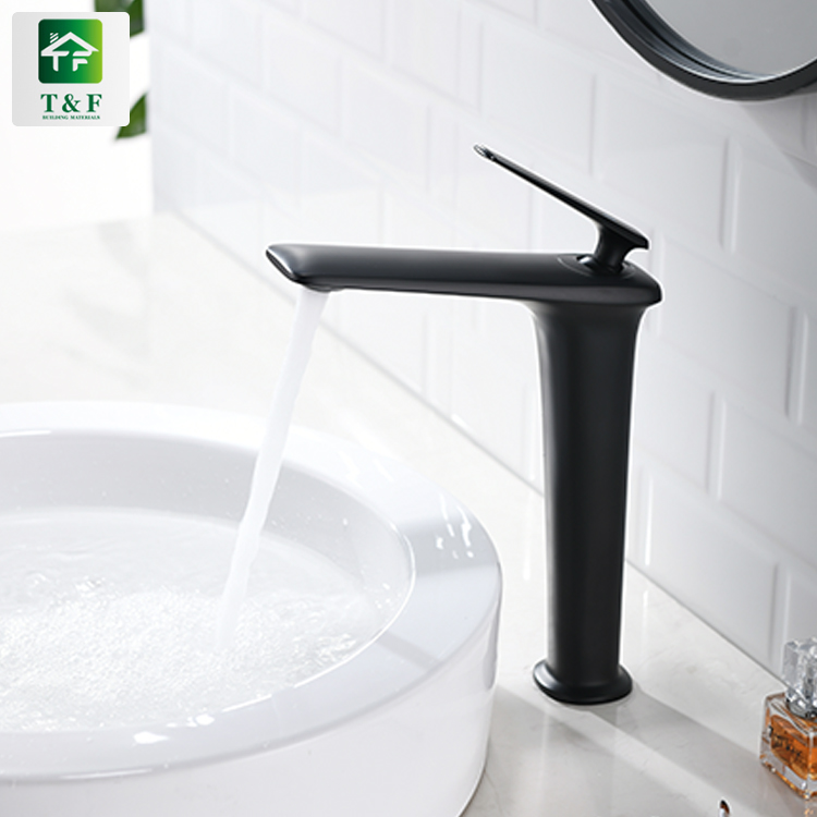 High Quality Black Sanitary Single Hole Brass Bathroom Vanity Wash Basin Sink Mixer Tall Waterfall Faucet