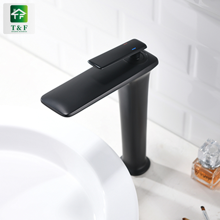 High Quality Black Sanitary Single Hole Brass Bathroom Vanity Wash Basin Sink Mixer Tall Waterfall Faucet