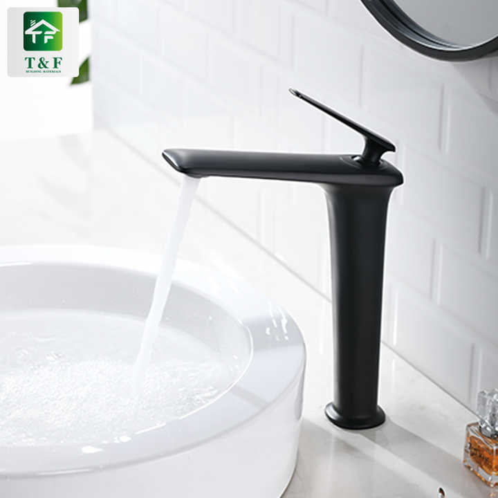 High Quality Black Sanitary Single Hole Brass Bathroom Vanity Wash Basin Sink Mixer Tall Waterfall Faucet