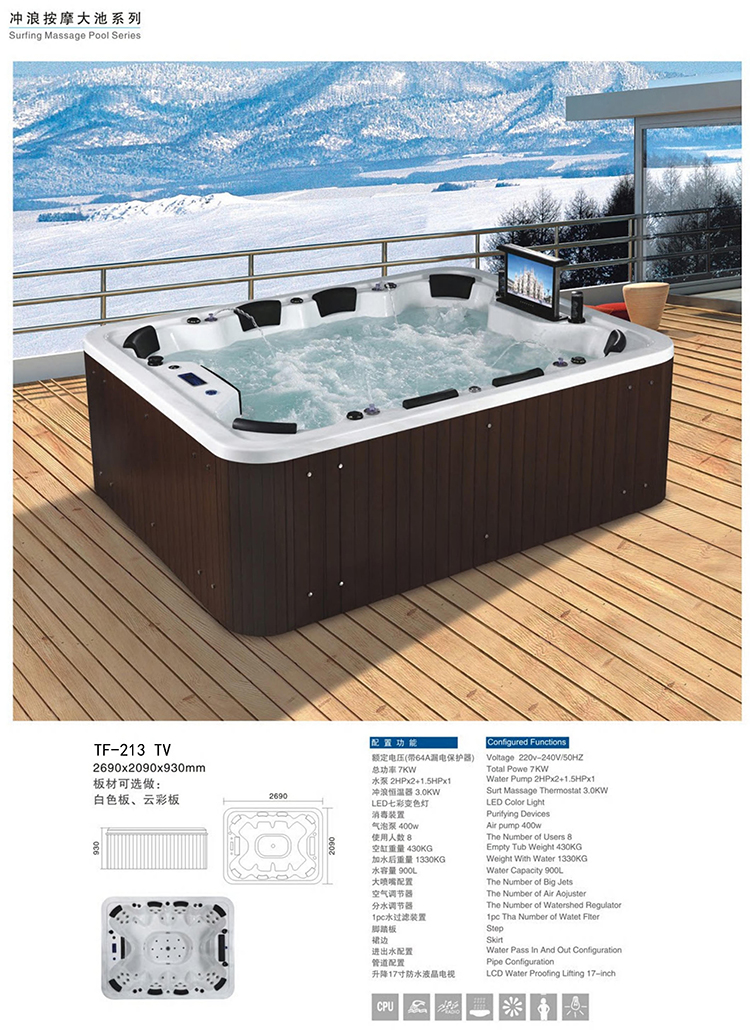 Freestanding Whirlpool Bathtub Large Outdoor Swim Pool Wood Acrylic Shell Spa Massage Hot Tub