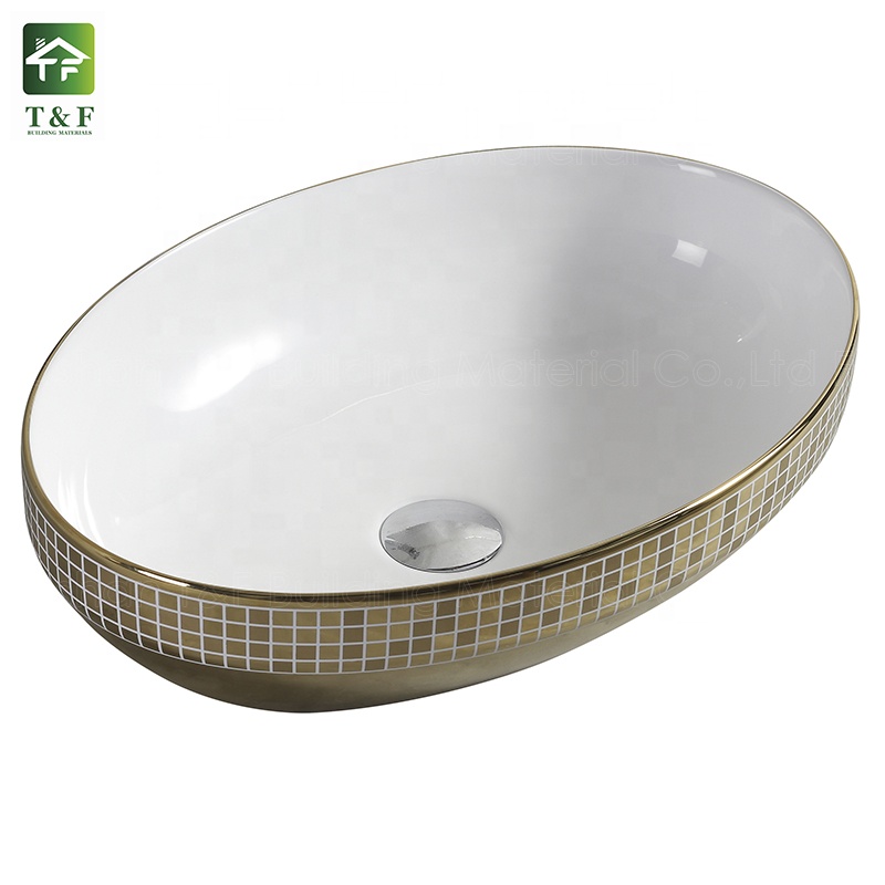 Bathroom Golden Sink Wastafel Gold Luxury Hotel Vanity Basin Ceramic Art Wash Basin Countertop Vessel Sink