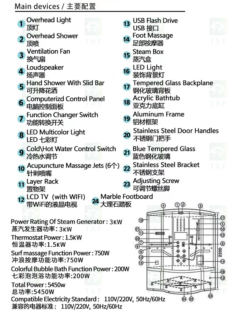 Integrated Acrylic Top Shower Steam Room Wet Sauna Combo Hydromassage Whirlpool Bath Cabin