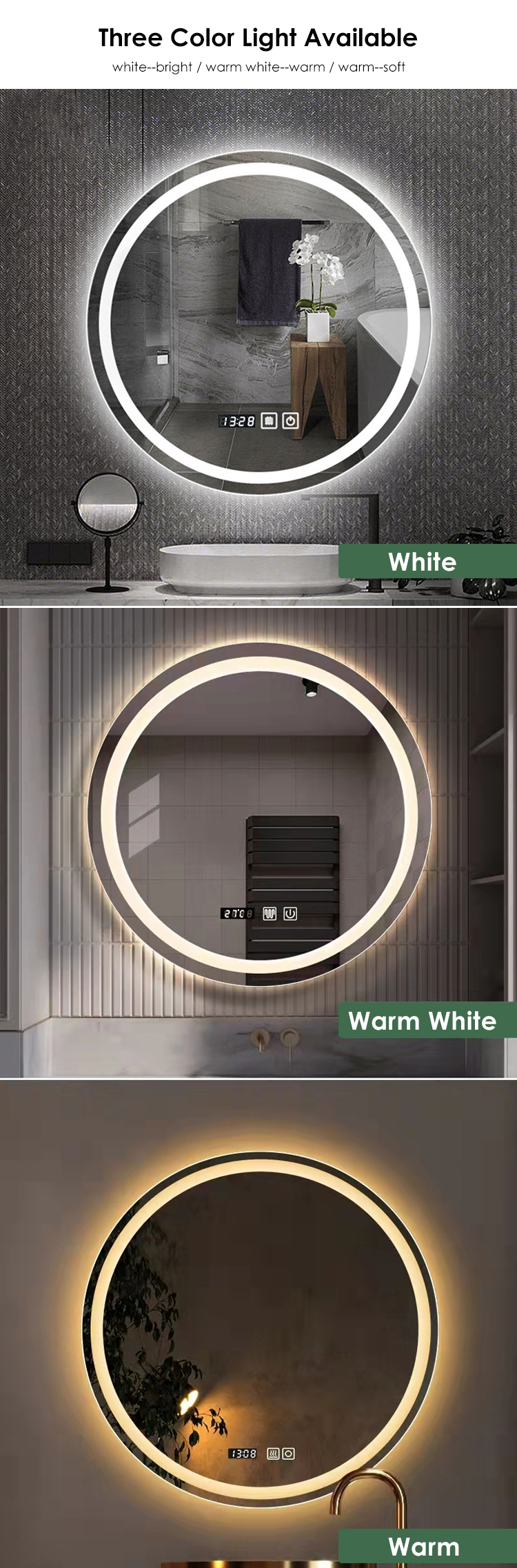 Modern Frameless Round Backlit LED Bathroom Mirror Smart Illuminated Mirror Decorative Wall Bath Mirrors