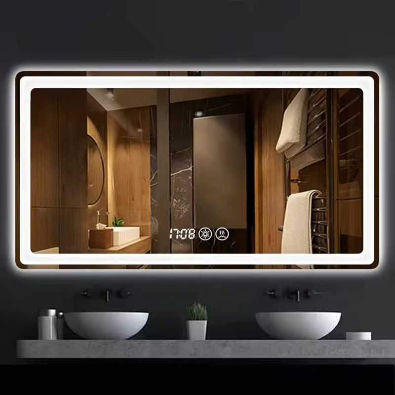 Hot Sale Hotel Luxury Glass Time Display Wall Mounted Lighted Bath Makeup Led Bathroom Smart Mirror
