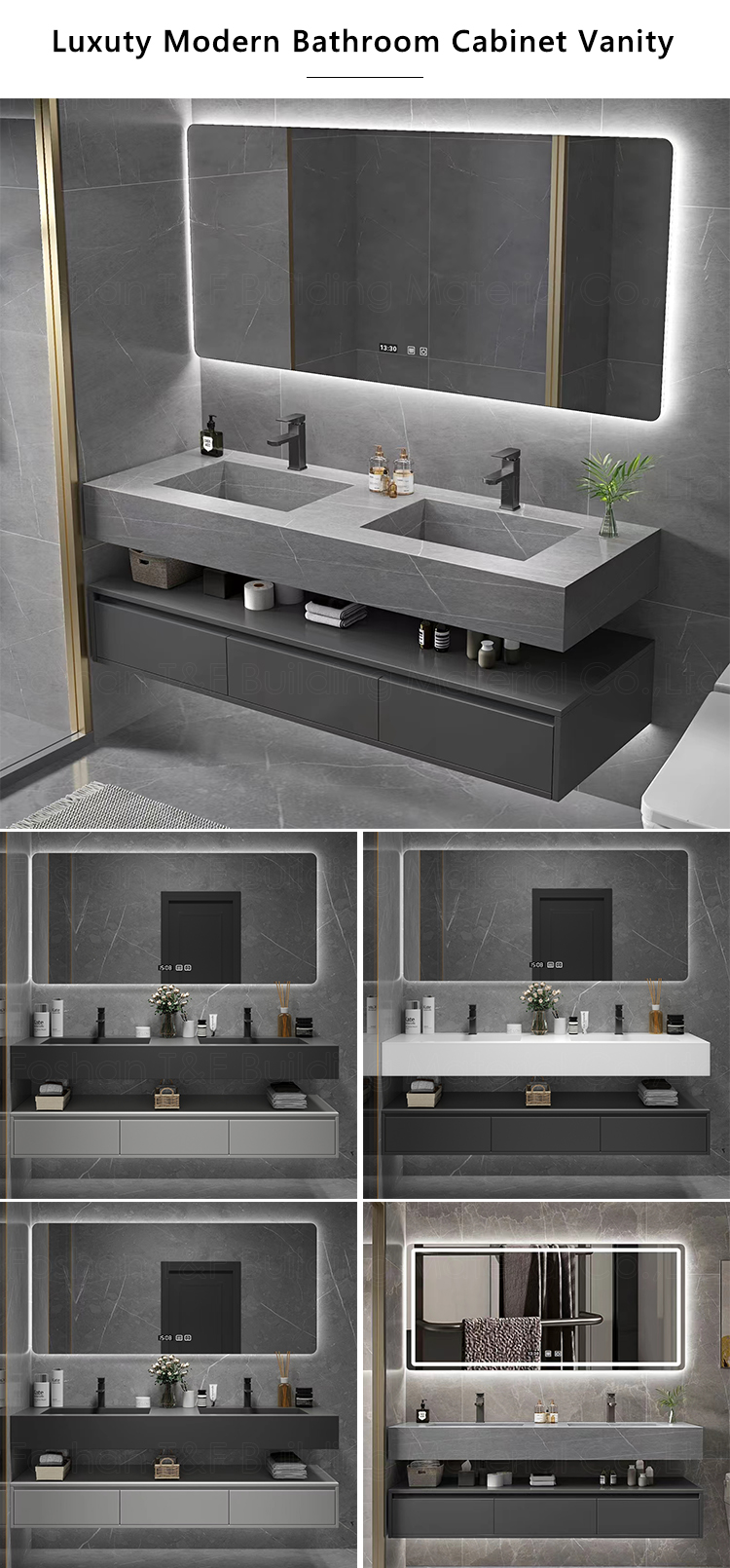 Modern Luxury Hotel Wall Mount Solid Wood Single Double Sink Floating Cabinet Bathroom Vanity