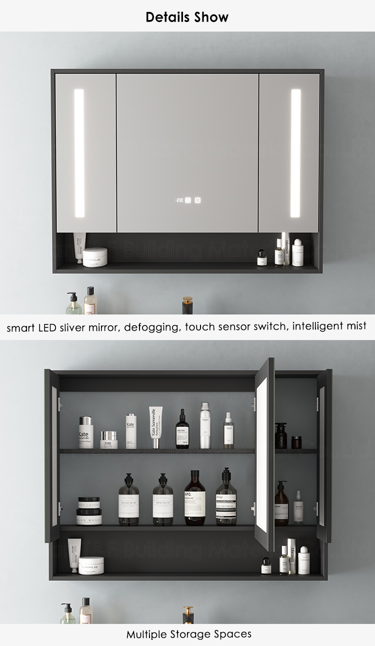 Custom Euro Style Luxury Hotel Bathroom Storage Floating Wall Hung Smart LED Mirror Cabinets