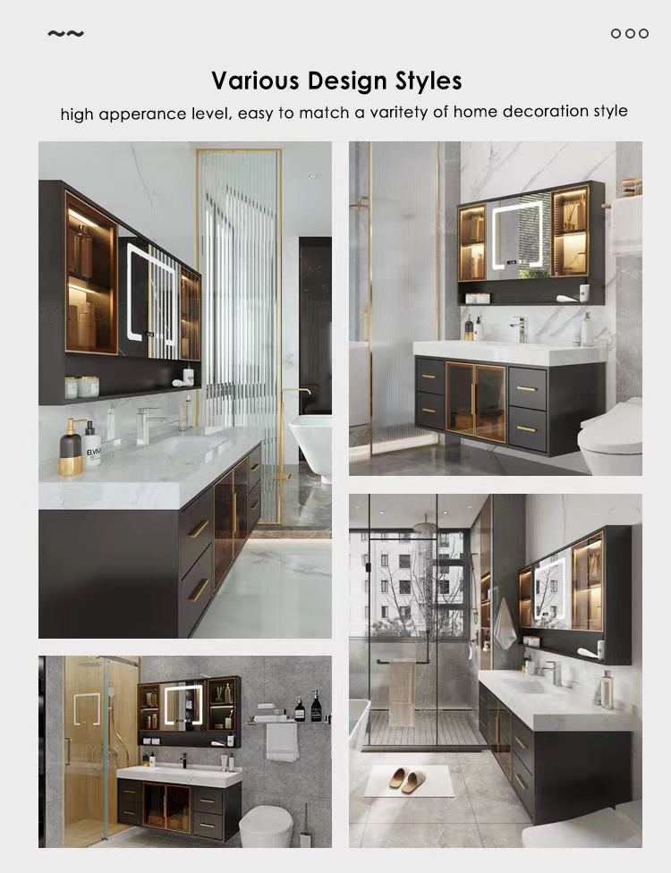 Custom Euro Style Luxury Hotel Bathroom Storage Floating Wall Hung Smart LED Mirror Cabinets