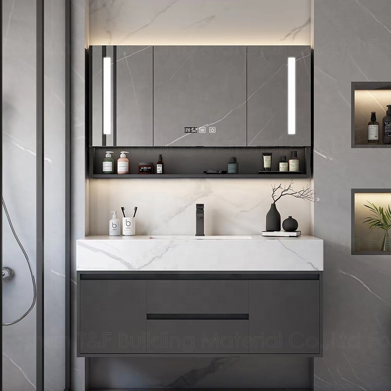 Hotel Washroom Solid Wood Luxury Floating Bathroom Vanity Wall Mounted Plywood Bathroom Mirror Cabinet