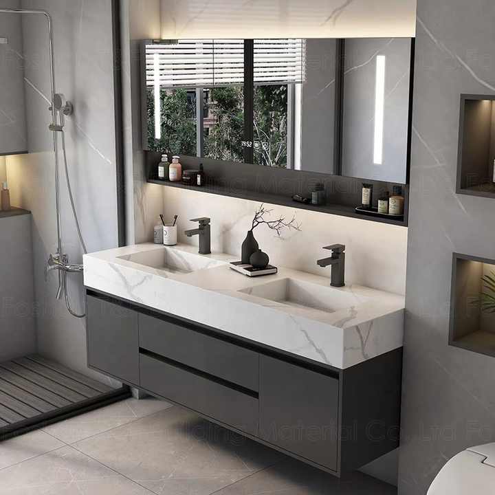 Hotel Washroom Solid Wood Luxury Floating Bathroom Vanity Wall Mounted Plywood Bathroom Mirror Cabinet