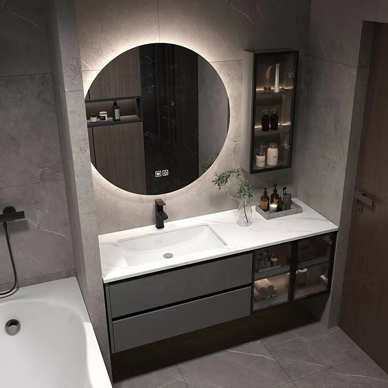 Luxury Led Backlit Mirror Lighting Wall Mounted Marble Cabinet Hotel Wood Makeup Bathroom Vanity
