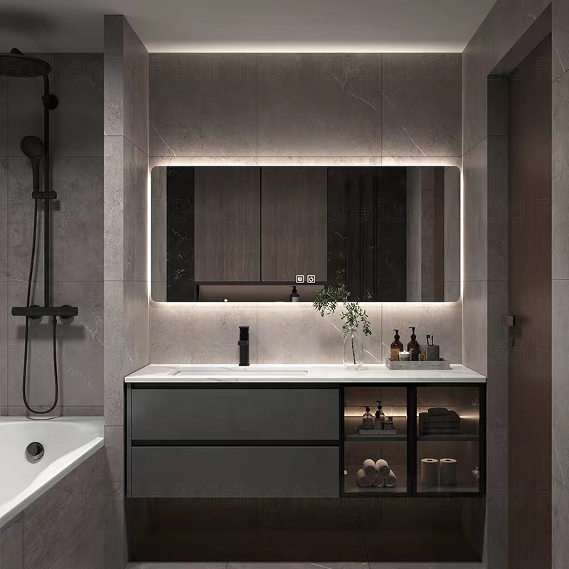Luxury Led Backlit Mirror Lighting Wall Mounted Marble Cabinet Hotel Wood Makeup Bathroom Vanity