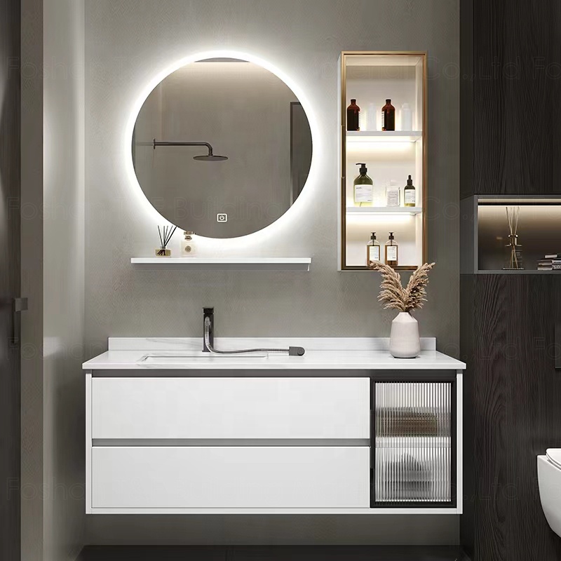 Luxury Led Backlit Mirror Lighting Wall Mounted Marble Cabinet Hotel Wood Makeup Bathroom Vanity