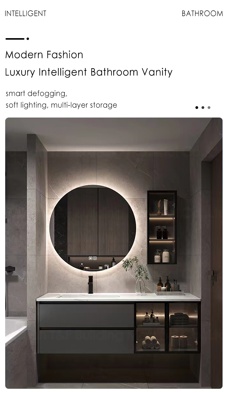 Luxury Led Backlit Mirror Lighting Wall Mounted Marble Cabinet Hotel Wood Makeup Bathroom Vanity
