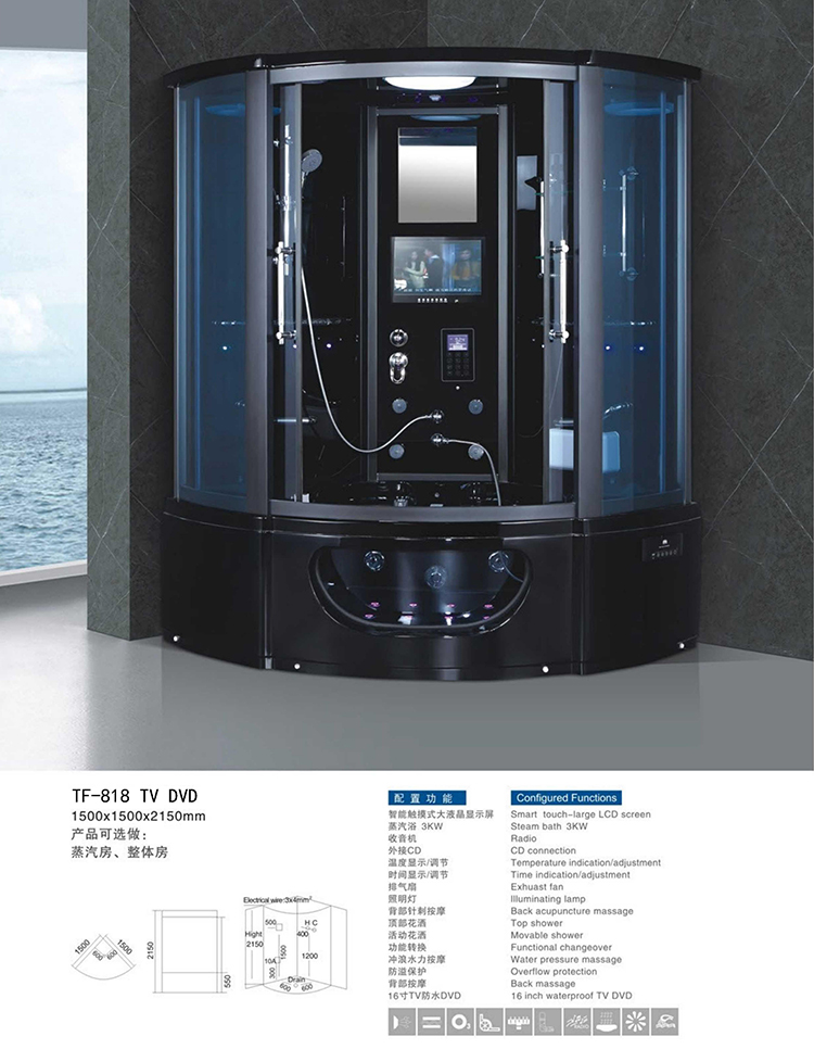 Black Aluminum Frame Massage Bath Shower Steam Sauna Enclosure Steam Shower Room Cabin