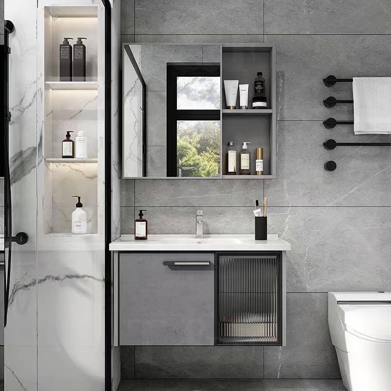 China Wall Hanging Waterproof Wash Basin Glass Door Wood Cabinet Set Bathroom Vanity