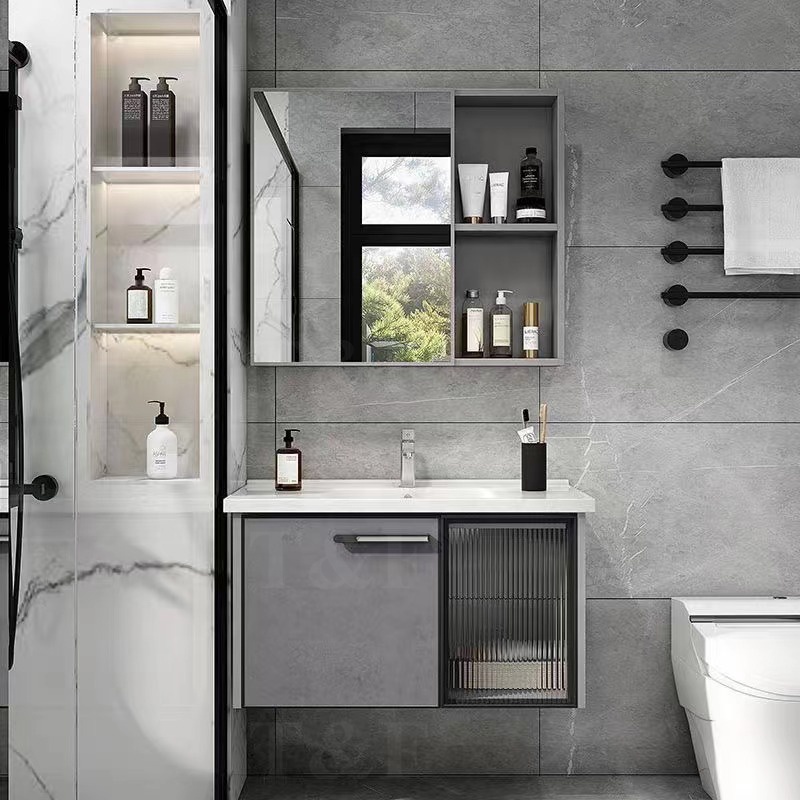 China Wall Hanging Waterproof Wash Basin Glass Door Wood Cabinet Set Bathroom Vanity