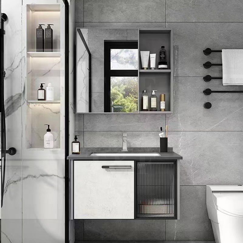 China Wall Hanging Waterproof Wash Basin Glass Door Wood Cabinet Set Bathroom Vanity