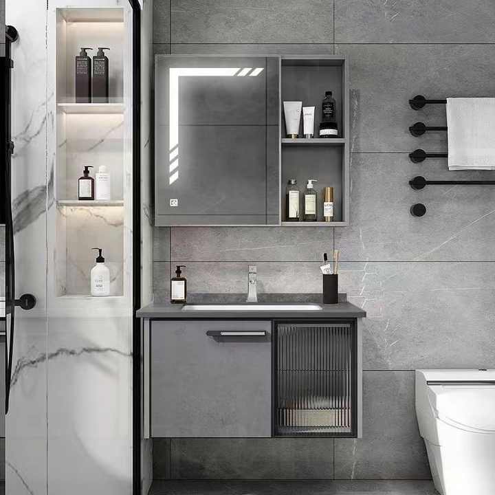China Wall Hanging Waterproof Wash Basin Glass Door Wood Cabinet Set Bathroom Vanity