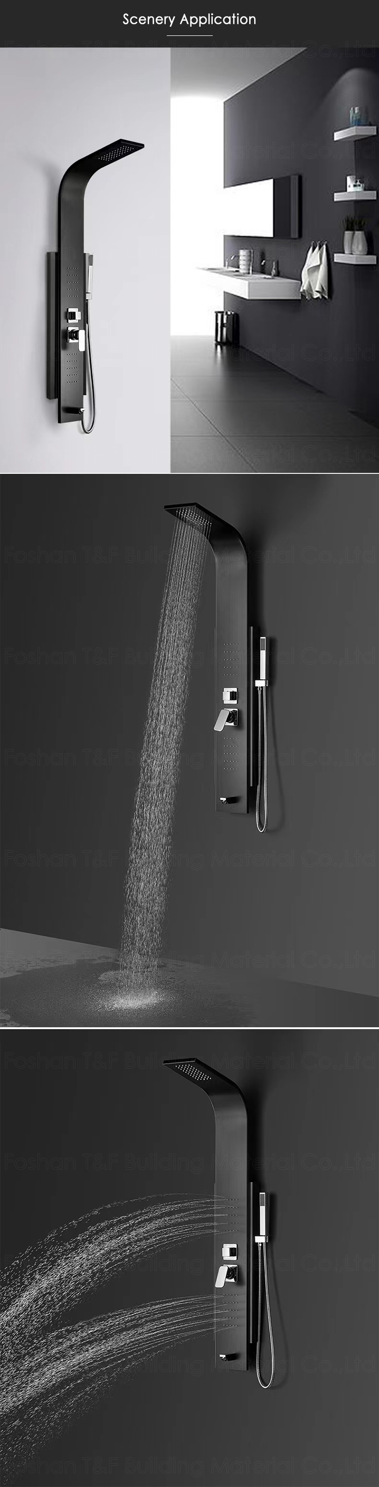 Modern Waterproof Thermostatic Black Waterfall Bathroom Faucet Spa Stainless Steel Shower Panel