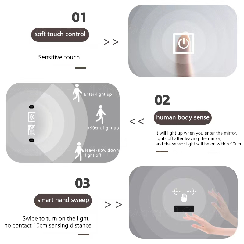 Modern Home Decor Half Moon Round Shape Led Light Smart Mirror Touch Sensor Switch Wall Bathroom Mirror