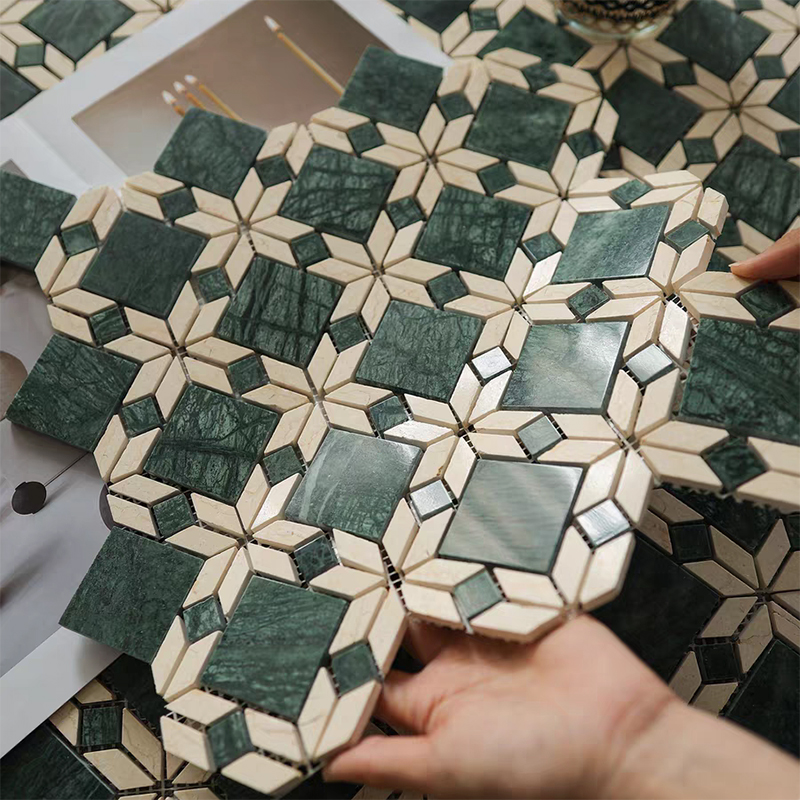 Mid Century Retro Classic Design Beige Green Waterjet Parquet Wall Floor Stone Marble Mosaic