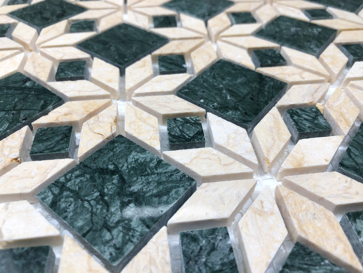 Mid Century Retro Classic Design Beige Green Waterjet Parquet Wall Floor Stone Marble Mosaic