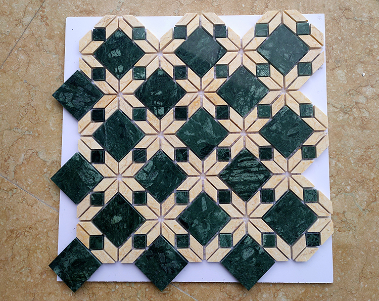 Mid Century Retro Classic Design Beige Green Waterjet Parquet Wall Floor Stone Marble Mosaic