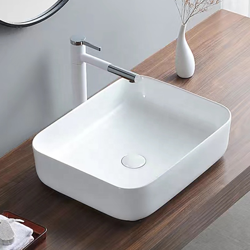 Modern Solid Surface White Ceramic Sink Rectangular Mounted Vanity Top Cabinet Art Bathroom Hand Wash Basin