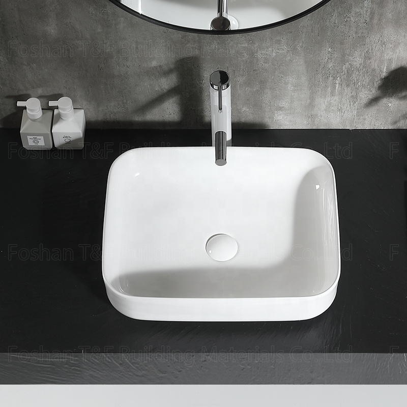 Modern Solid Surface White Ceramic Sink Rectangular Mounted Vanity Top Cabinet Art Bathroom Hand Wash Basin