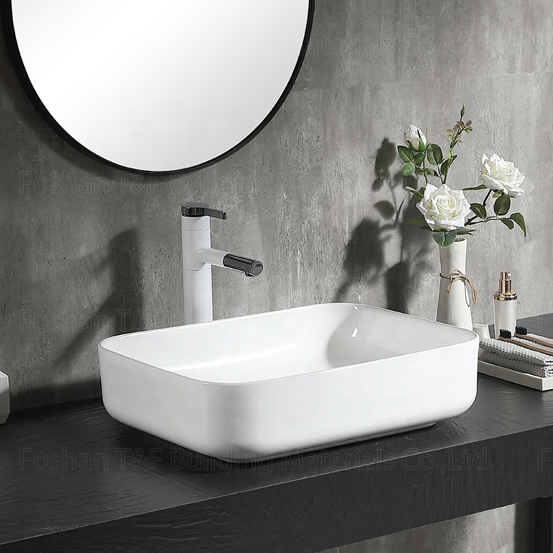Modern Solid Surface White Ceramic Sink Rectangular Mounted Vanity Top Cabinet Art Bathroom Hand Wash Basin