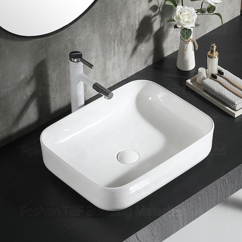 Modern Solid Surface White Ceramic Sink Rectangular Mounted Vanity Top Cabinet Art Bathroom Hand Wash Basin