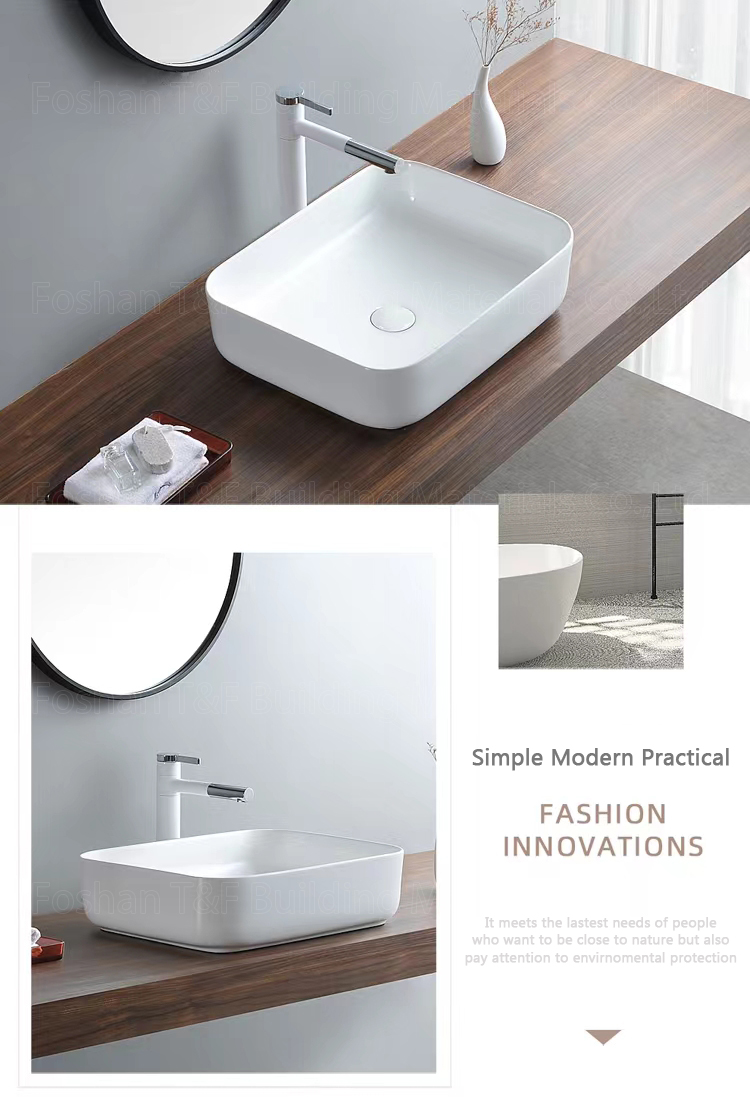 Modern Solid Surface White Ceramic Sink Rectangular Mounted Vanity Top Cabinet Art Bathroom Hand Wash Basin