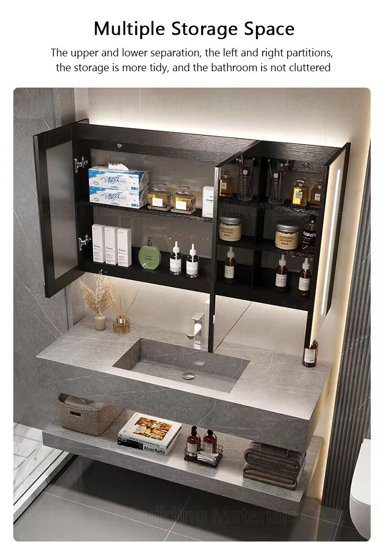 New OEM Service Sintered Stone Bath Vanity Countertop Basin Bathroom LED Mirror Storage Cabinets