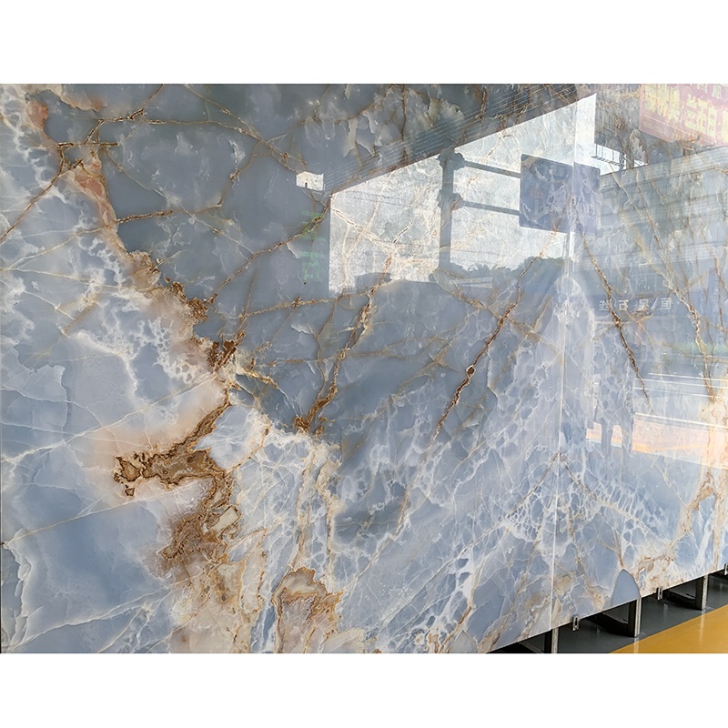 Good Price Polished Big Translucent Natural Crystal Bookmatch Blue Onyx Marble Slab for Background Wall