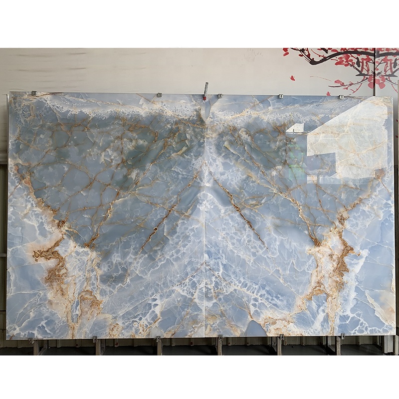 Good Price Polished Big Translucent Natural Crystal Bookmatch Blue Onyx Marble Slab for Background Wall
