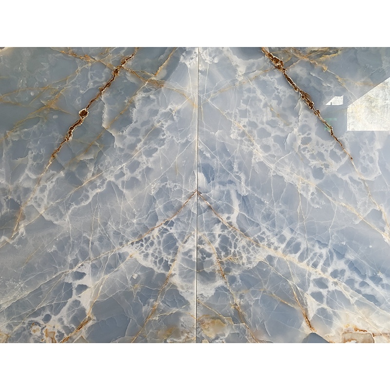 Good Price Polished Big Translucent Natural Crystal Bookmatch Blue Onyx Marble Slab for Background Wall