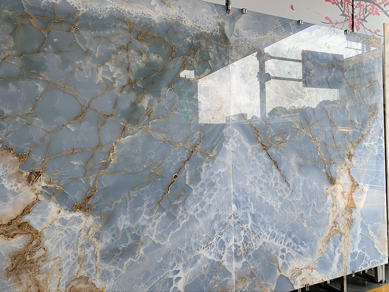 Good Price Polished Big Translucent Natural Crystal Bookmatch Blue Onyx Marble Slab for Background Wall
