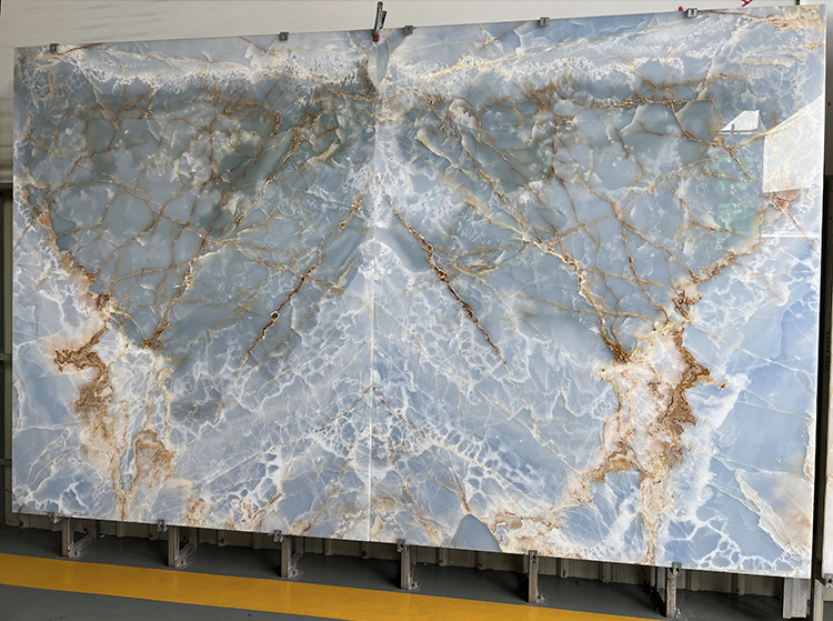 Good Price Polished Big Translucent Natural Crystal Bookmatch Blue Onyx Marble Slab for Background Wall